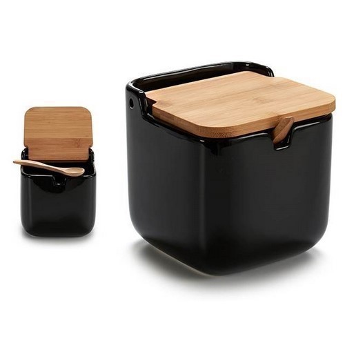 AZUCARERO CERAMICA NEGRO TAPA BAMBU C/CUCHARA